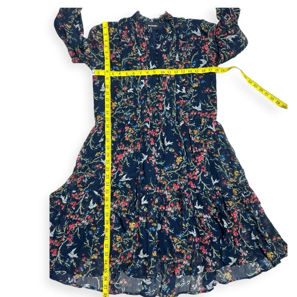 The Kooples Navy Blue Bird Print Silk Chiffon Dress Size Medium Ruffle Mini - Picture 8 of 16